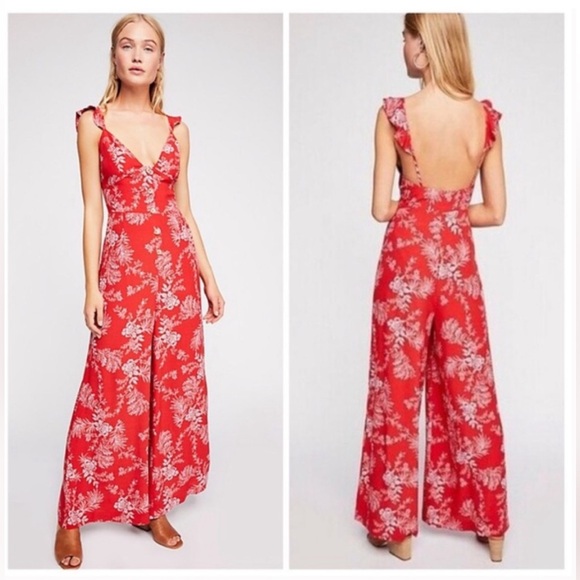 Free People Pants - NWT FREE PEOPLE BE THE ONE Jumpsuit Size 4 Red $128 Retail One Piece NEW Buttons